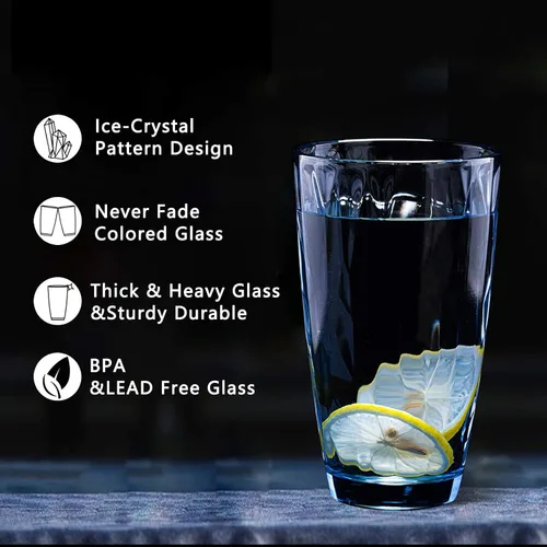 Vista 4 de CREATIVELAND Highball - Juego de 6 vasos de vidrio, color azul claro, para agua, cóctel, jugo, cerveza, café helado, cristalería azul transparente