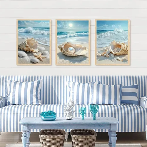 Vista 2 de SYWENNOI 3 piezas de arte de pared de playa con marco de madera, juego de 3 impresiones costeras, conchas marinas, estrellas de mar, olas, orilla