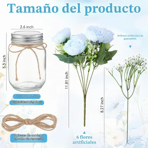 Vista 4 de Zeyune 6 juegos de tarros de albañil con flores, centro de mesa, decoración Azul