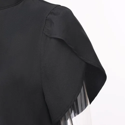 Vista 6 de Camisa de clero de iglesia para mujer, cuello con pestaña frontal, plisada, manga pétalo