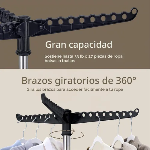 Vista 5 de Beaudaily Tendedero de secado de ropa, plegable, estante de secado de ropa interior de 59 pulgadas con 3 brazos giratorios, acero inoxidable Negro +