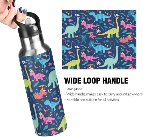 Vista 4 de Stainless Steel Water Bottle 20 Oz, BPA-Free Sport Water Bottle Insulated for Gym Outdoor Travel School, Dinosaurs Tropical Navy Blue