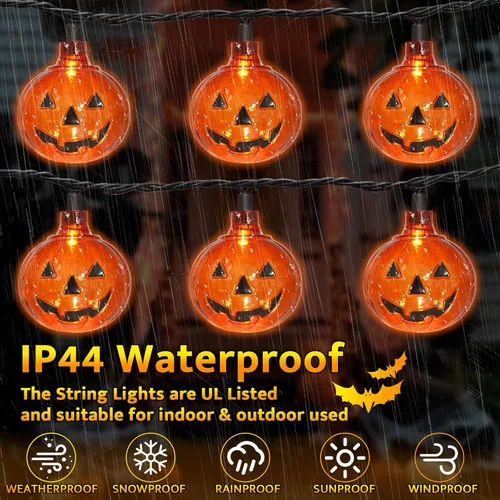 Vista 4 de Couah Guirnalda de luces LED de calabaza de Halloween, luces de linterna Jack O de 8.5 pies con 10 calabazas enchufables, impermeables