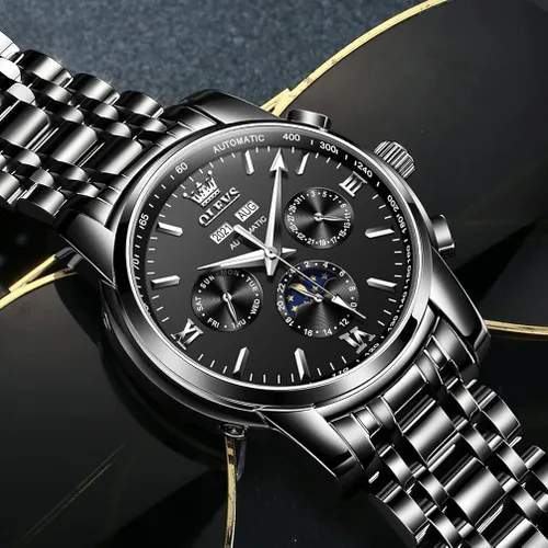 Vista 2 de OLEVS Relojes automáticos para hombre de cuerda automática reloj de pulsera calendario multifunción botón oculto pantalla de sol luna impermeable