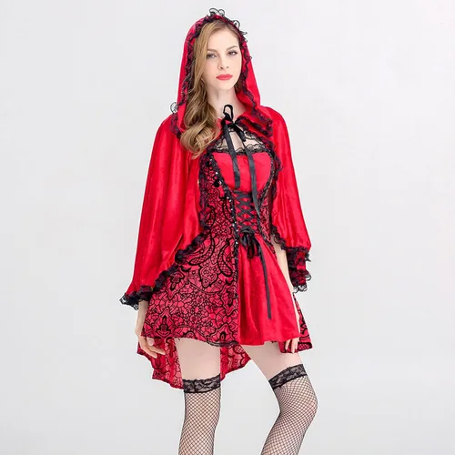 Vista 7 de Disfraz de caperucita roja para mujer, vestido gótico de encaje sexy con cordones y estampado floral con capucha