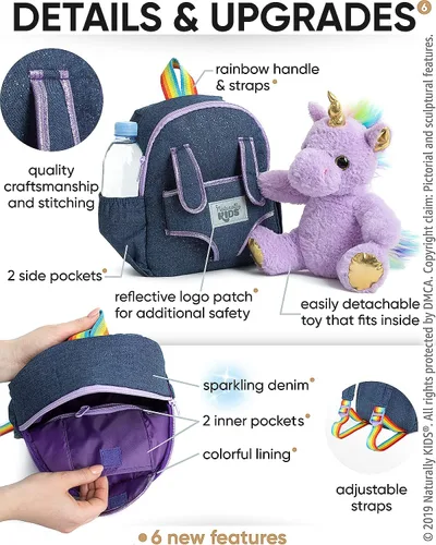Vista 5 de Naturally KIDS Mochila para niños y niñas con animales de peluche, regalos para niños de 3, 4, 5, 6, 7 años, 01 Pequeño unicornio morado