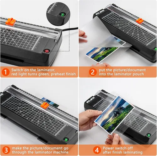 Vista 4 de IMLIKE Laminador térmico A4 con bolsas de laminación, máquina de laminación fotográfica de 9 pulgadas, recortadora de papel integrada, laminadora
