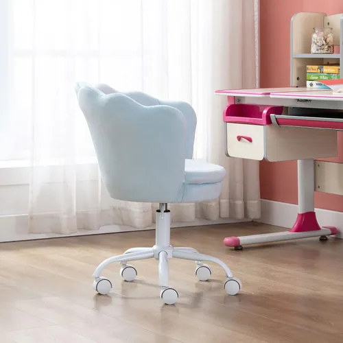 Vista 8 de Silla de escritorio de terciopelo para niños, bonita silla de computadora moderna tapizada, con brazo giratorio, silla de tocador ajustable