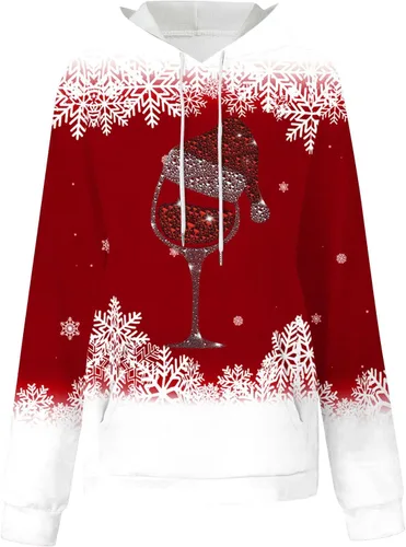 Vista 4 de Sudaderas con capucha de moda con estampado gráfico de copa de vino para mujer, casual, manga larga, divertida, de Navidad, cómoda sudadera