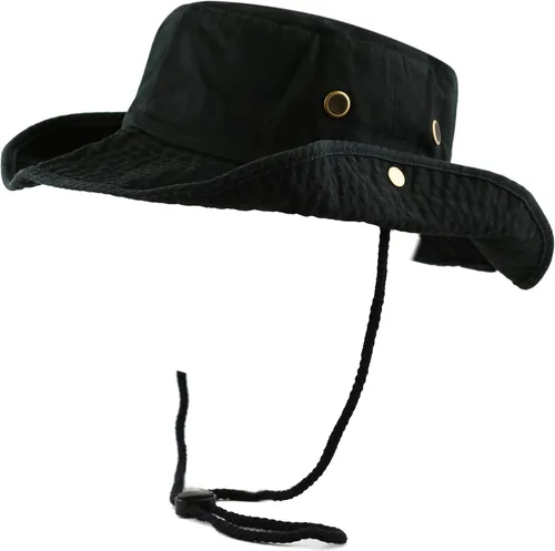 Vista 4 de The Hat Depot - Sombrero de safari, de algodón lavado a la piedra, de ala ancha, plegable, doble cara y sombrero de pesca 2. algodón - negro