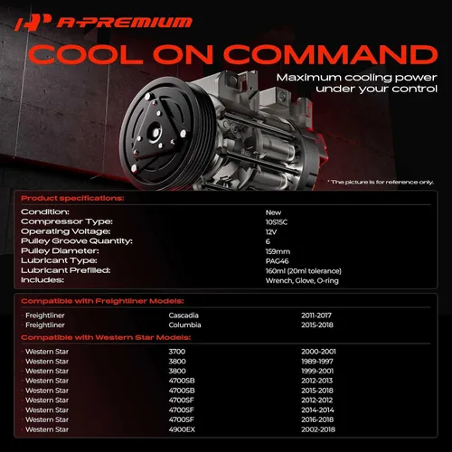 Vista 2 de A-Premium Compresor de aire acondicionado con embrague compatible con Freightliner Cascadia 2011-2017, Columbia 2015-2018 y Western Star 3700, 3800