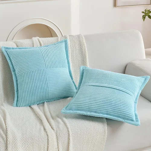 Vista 5 de HAUSSY Paquete de 2 fundas de almohada de 16 x 16 pulgadas, fundas decorativas de pana suave, estilo bohemio, a rayas, sólidas, decoración