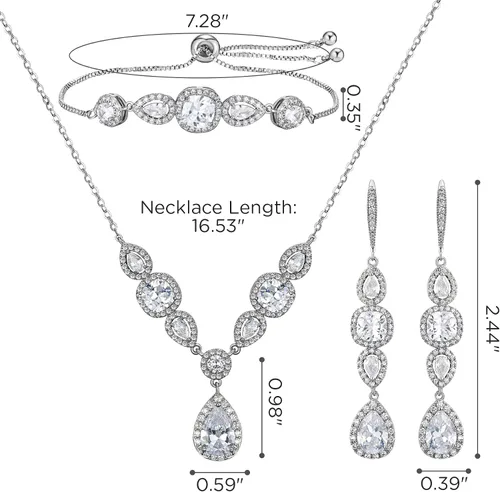 Vista 6 de SWEETV Juego de 3 joyas de novia de circonita cúbica para boda, collar de cristal, aretes colgantes, pulseras para mujeres, disfraces de graduación