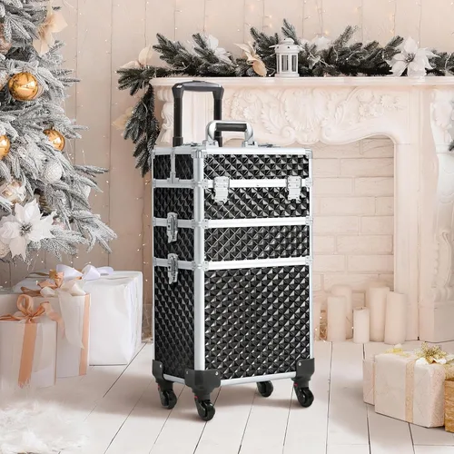 Vista 9 de Yaheetech Estuche de tren de maquillaje rodante 3 en 1, organizador de gran capacidad con ruedas giratorias, carrito cosmético para llaves para Negro