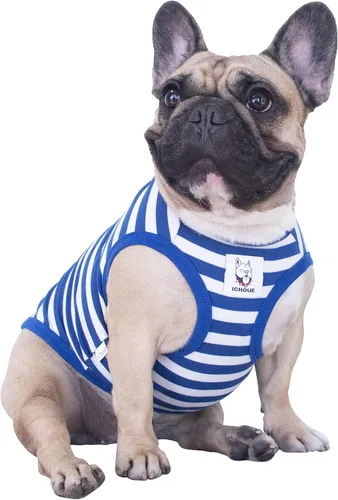 Vista 8 de iChoue - Camisetas de rayas de algodón 100% transpirable para Bulldog francés, chaleco de Halloween para perros medianos, camisetas Frenchie Pug