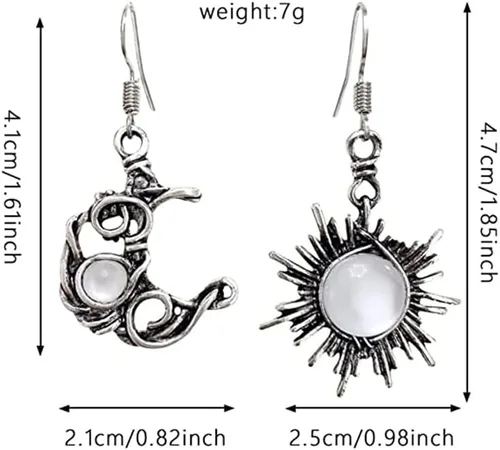 Vista 2 de Aretes colgantes bohemios de ópalo retro de sol y luna, estilo vintage, de plata, de Asimetría, luna, estrella, sol, colgantes, aretes de gota