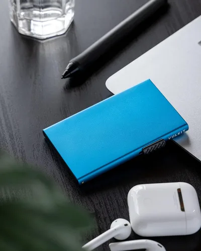 Vista 5 de VULKIT Tarjetero minimalista Pop Up Tarjetas RFID Protección Slim Metal Wallet, Azul, Minimalista