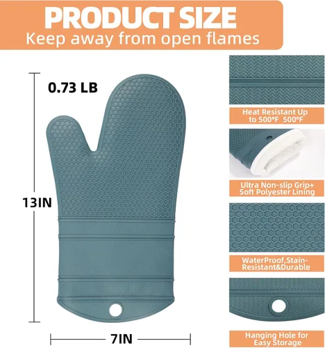 Vista 2 de YUTAT Silicone Oven Mitts,Heat Resistant 500F Kitchen Mitts 2PCS,Waterproof Cooking Gloves with Soft Polyester Filling for Kitchen Cooking Baking