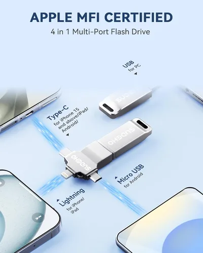 Vista 2 de Memoria USB USB con certificación MFi para iPhone, memoria externa 4 en 1 para ahorro de video y copia de seguridad (plata, 256 GB)