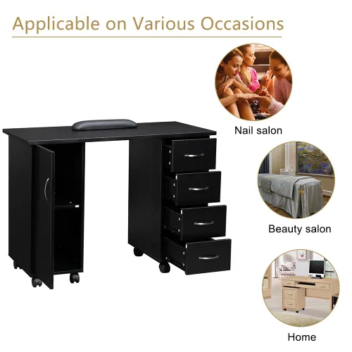 Vista 2 de Mesa rodante de manicura, estación de escritorio de uñas, estación de manicura para salón de belleza, equipo de arte de uñas con 4 cajones y Negro