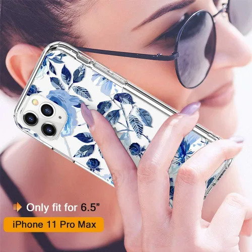 Vista 2 de Funda para iPhone 11 Pro Max con protector de pantalla, funda protectora transparente floral para niñas y mujeres, a prueba de golpes, funda rígida