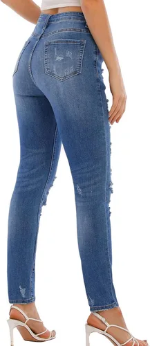 Vista 2 de AMCLOS Pantalones cortos de mezclilla casuales para mujer cintura alta elástica con agujeros rasgados desgastados con bolsillos