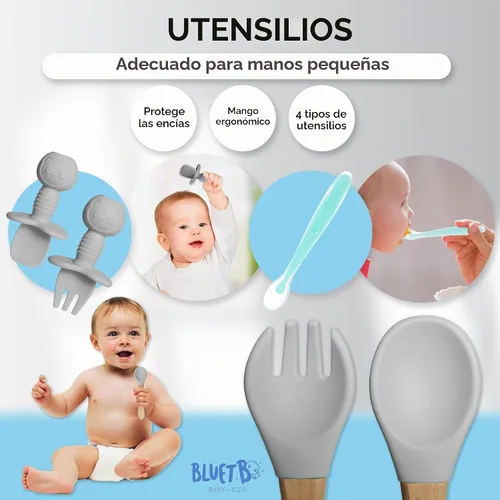 Vista 4 de Bluet B - Set de alimentación de bebé de silicona con chupete - Suministros de destete LED para bebés - Cucharas para bebés, cuenco de succión Gris