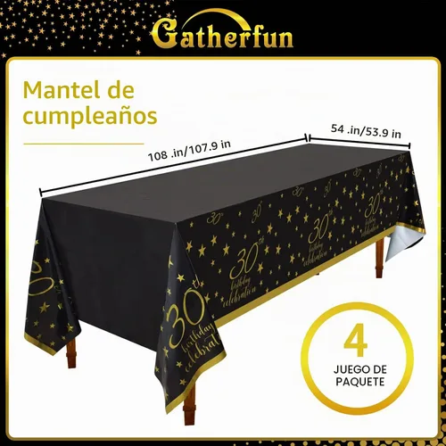 Vista 3 de Gatherfun Mantel Desechable para Cumpleaños de 30 Años Paquete de 4 Dorado y Negro Impermeable Cubierta de Mesa de Plástico para Hombres Mujeres 30