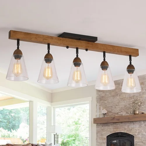 Vista 9 de Lámpara de techo rústica de cristal empotrado, mini pantalla de vidrio transparente y madera de roble, lámpara de techo semiempotrada para cocina