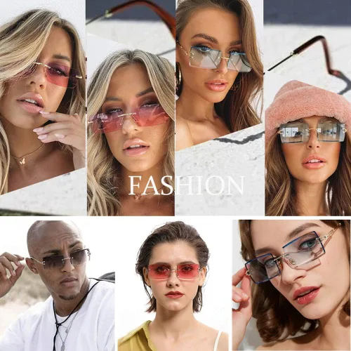 Vista 4 de Retro Rimless Rectangle Sunglasses Women Men Metal Frameless Vintage Square Glasses