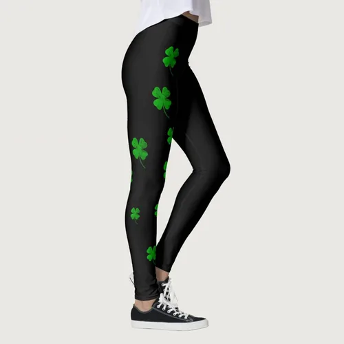 Vista 5 de soighxzc Leggings del día de San Patricio para mujer, con hojas de trébol, pantalones verdes, ajustados, con control de abdomen, pantalones de yoga