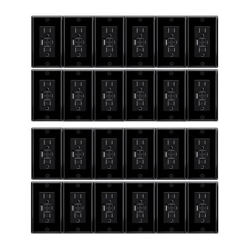 Vista 53 de Toma GFCI negra de 15 amperios con puertos USB C y USB-A, 1 unidad de 24 W de autotprueba GFCI USB Combo con indicador LED, resistente a