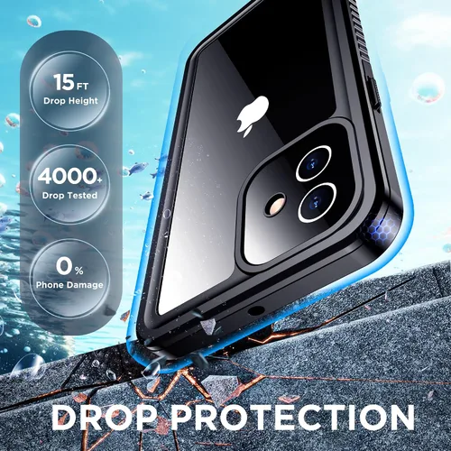 Vista 4 de Funda impermeable para iPhone 12, IP68 bajo el agua, a prueba de caídas, polvo y real 360, antideslizante, resistente, resistente, a prueba de Negro