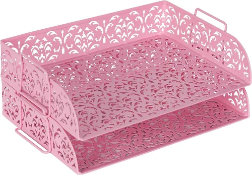 Vista 9 de EasyPAG, charola para escritorio de 2 niveles para cartas, diseño calado de flores, Negro