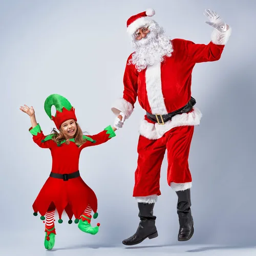 Vista 7 de Syhood 4Pcs Girl Christmas Elf Costume Santa's Helper Costume Elf Outfit Dress with Elf Hat Shoes Belt Striped Stocking