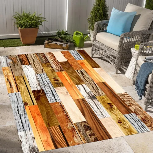 Vista 15 de Alfombra rústica impermeable de grano de madera marrón con estampado de tablero de madera antigua, para balcón, porche, patio, terraza, lavable