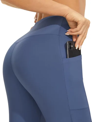 Vista 3 de AFITNE Pantalones de yoga capri de longitud completa para mujer, con bolsillos, cintura alta, acampanados, para entrenamiento, pantalones de trabajo