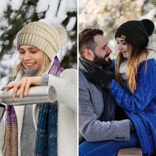 Vista 7 de Beanies Women with Pom, Winter Hats for Women with Thick Warm Fleece Lining Cold Weather, Beanie Hats for Women Knit Slouchy