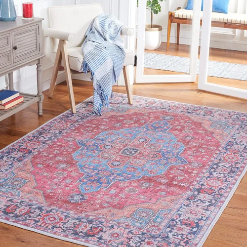 Vista 8 de SAFAVIEH Alfombra lavable Serapi Collection redonda de 6 pies 7 pulgadas, azul y al óxido, antideslizante y fácil de limpiar, ideal para sala
