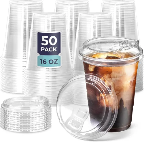 Vista 16 de Fit Meal Prep Paquete de 50 vasos de plástico transparente de 12 onzas con tapas sin pajilla, tazas de café de plástico desechables con tapas, tazas