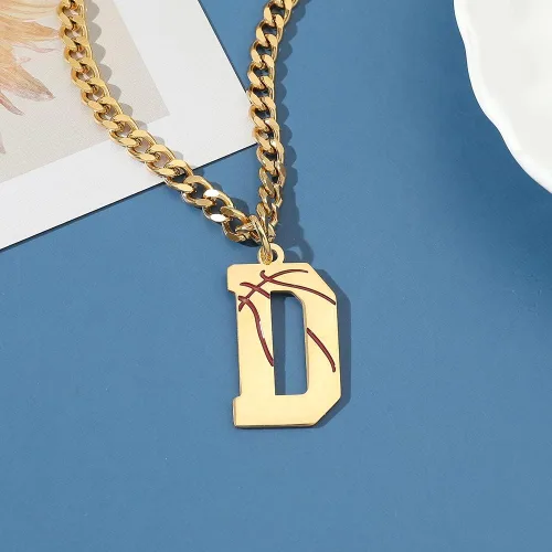 Vista 5 de Collar con dije de inicial de baloncesto A-Z, collar de cadena de eslabones cubanos de acero inoxidable para niños, hombres y mujeres, colgante