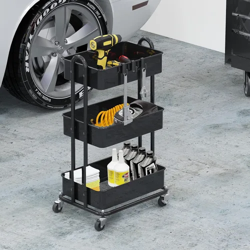 Vista 4 de Simple Houseware - Carrito de metal resistente de 3 niveles, color Negro