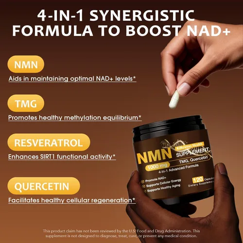 Vista 3 de Suplemento NMN 1000mg - Suplemento NMN 1000 mg orgánico puro, alternativa NMNH, suplemento de resveratrol, suplemento NAD+, TMG y quercetina
