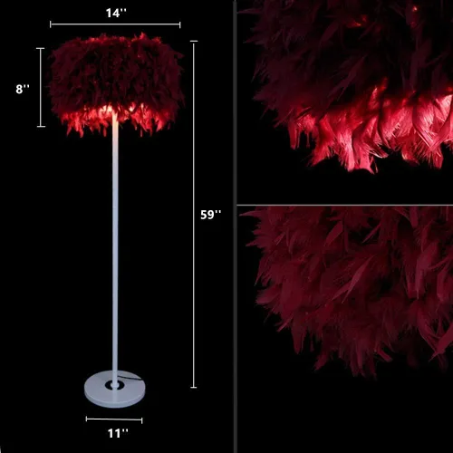 Vista 3 de LAKIQ Lámpara de pie moderna con pantalla de tambor de plumas, iluminación de piso enchufable para sala de estar, dormitorio, lectura (rojo)