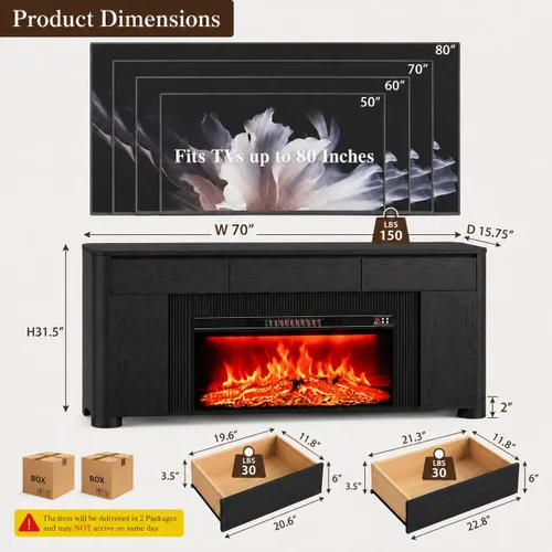 Vista 5 de Soporte de TV con chimenea de 70 pulgadas para TV de 80 pulgadas, consola Negro