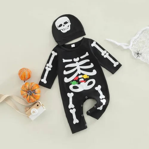 Vista 2 de MAYUMMPY Ropa de Halloween unisex para bebé recién nacido, mameluco de calabaza murciélago