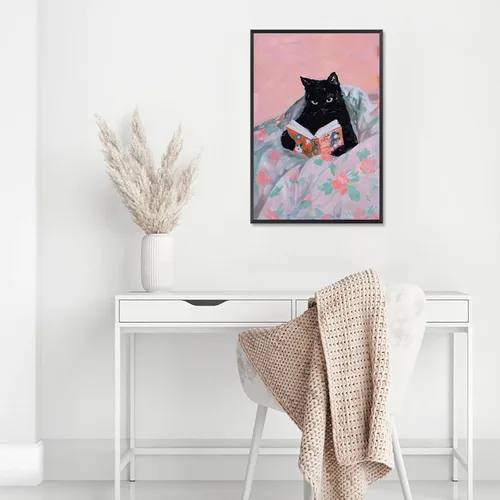 Vista 3 de Pósters divertidos de gatos negros con estilo funky Gatos de mascota leyendo en la cama Arte de pared en lienzo Impresiones de animales preppy
