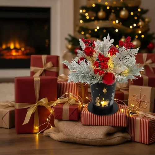 Vista 9 de Centro de Mesa Navideño Iluminado en Maceta de Metal con Temporizador, Escena del Nacimiento Navideño en Base de Metal Negro con Ornamento de Piñas