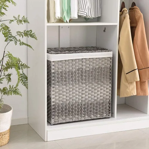 Vista 2 de Cesta de Ropa Delgada con Ruedas, Cesto de Almacenamiento de Ropa con Forro de Algodón Resistente con Asas, Organizador de Cesta de Alambre Plegable