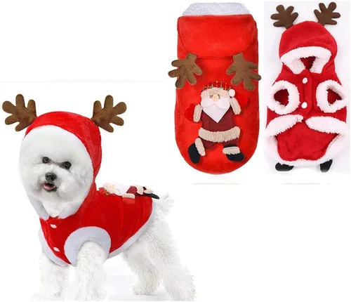 Vista 8 de Disfraz de Papá Noel para perro, disfraz de Navidad con capucha para mascotas, ropa para mascotas, ropa para invierno y otoño, apto para cachorros